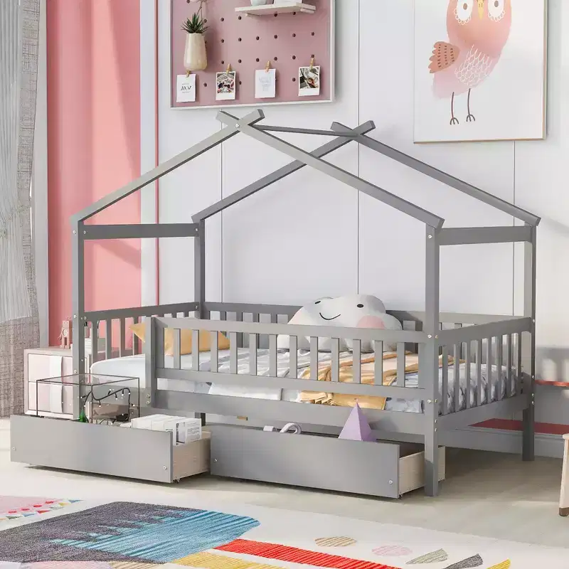 Twin Size House Bed Frame with Two Drawers & Guardrails, Wooden Kids Platform Bed, Gray