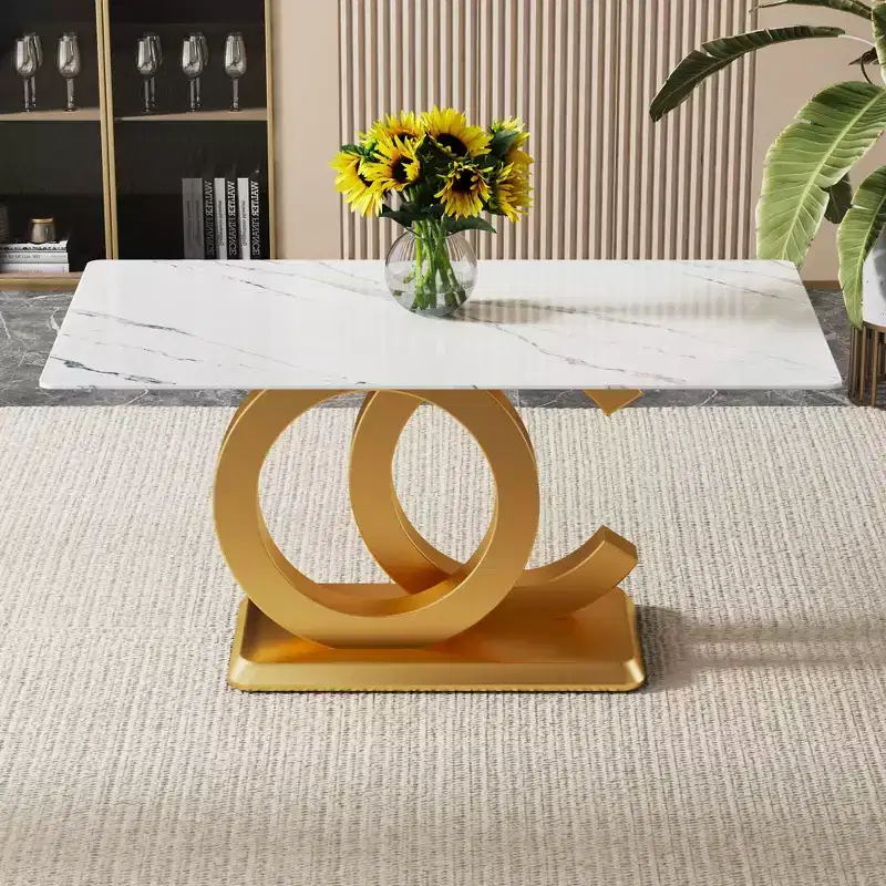 Okak Morden Dining Table Dining Room Table with Unique Base Design and Imitation Marble Top for 4 for Kitchen, Gold