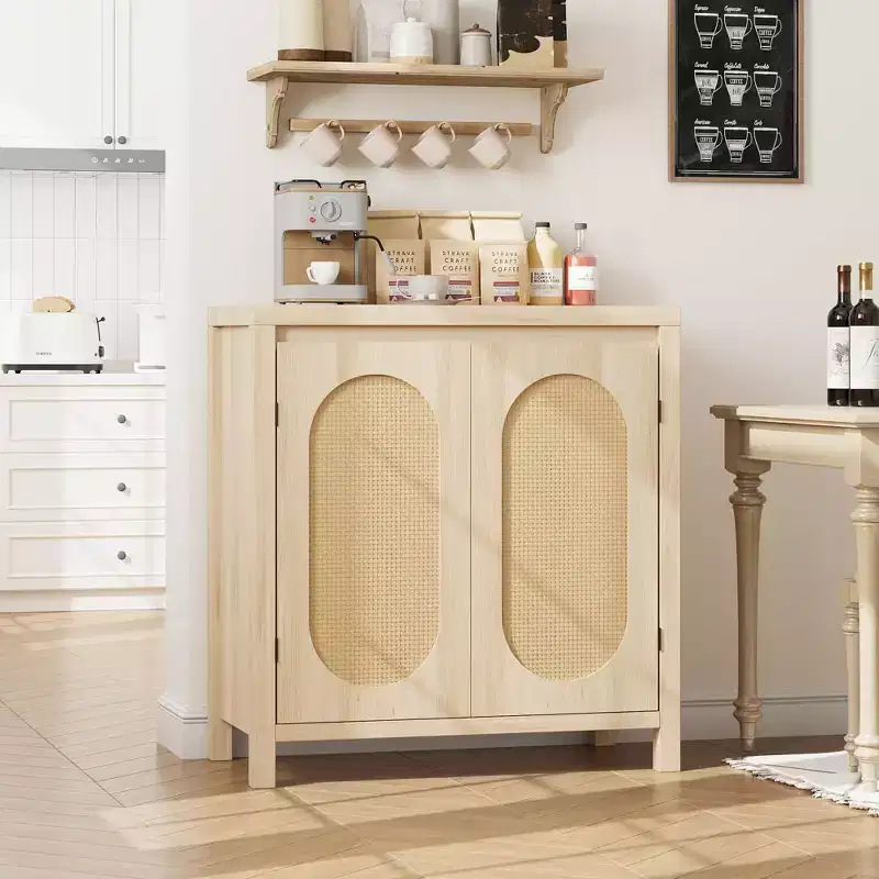 Sideboard Cabinet, 30.1INCH Buffets & Sideboard with Rattan Doors, 2 Door Design, Natural Wooden Sideboard Cabinet for Dining Room and Kitchen