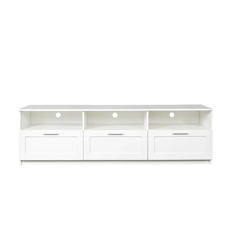 70-Inch TV Stand with Open Shelves and Drawers — White