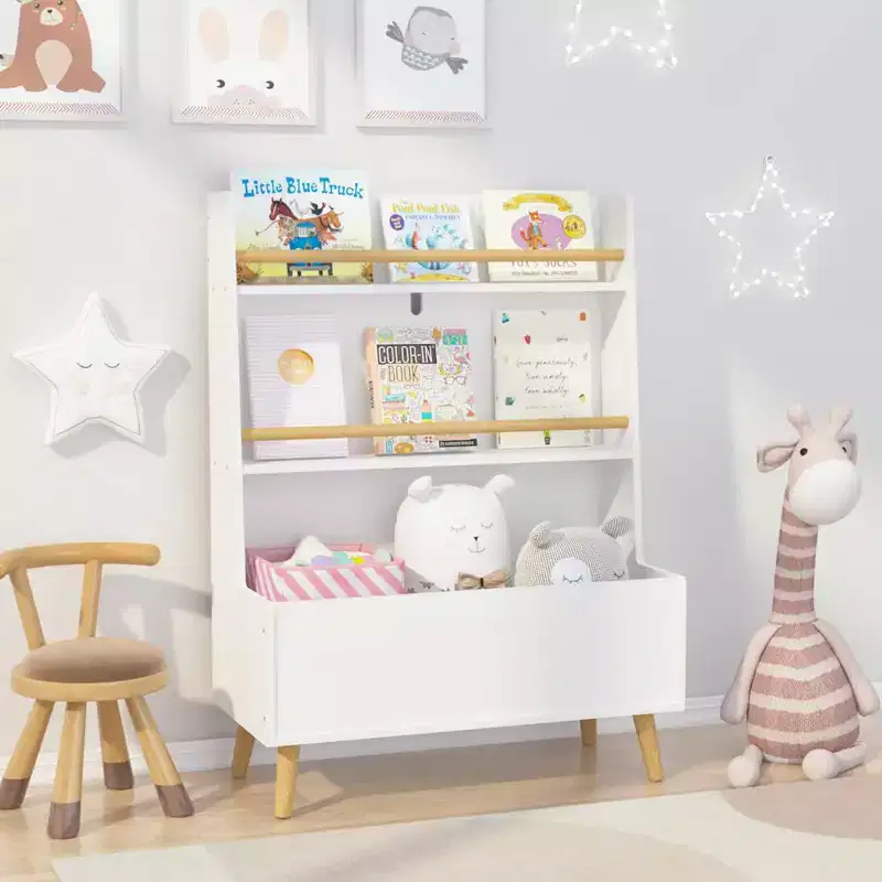 Kids Bookshelf with Toy Organizer, 3-Tier Wood Child Book Shelf, Toy Storage Organizer with Legs, Kids Bookcase for Children's Room, Nursery White