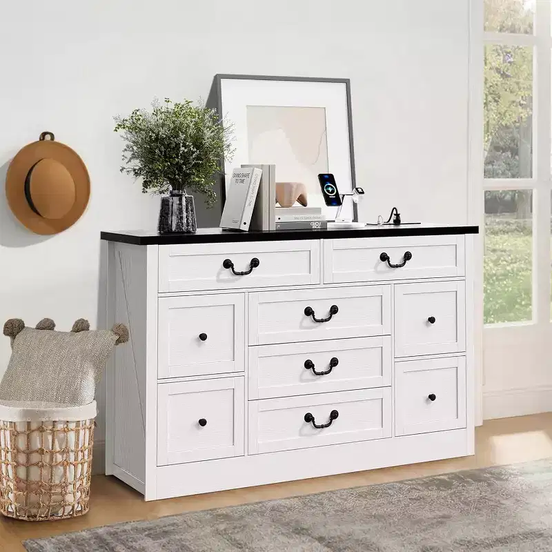 9 Farmhouse Dresser with Charging Station & Metal Handle, Wooden Tv Stand with Dressers