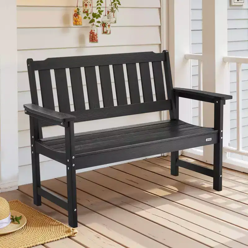 VEVOR Outdoor Bench, 50.5 inch, 800 lbs Weight Capacity for 2-3 Persons, Weatherproof Plastic Frame with Backrest and Wide Armrests, Black
