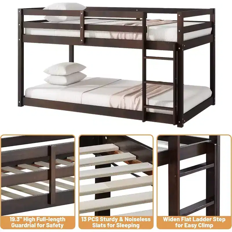 Zevemomo Wooden Bunk Bed Twin Over Twin, Solid Rubberwood Bed Frame with Built-in Ladder, for Small Spaces,Bedroom,Space Saving, No Box Spring Needed