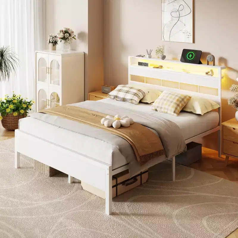 White Queen Platform Bed Frame With Storage Headboard LED Lights Charging Station Heavy Duty Metal Slat Support No Box Spring Needed Modern Bedroom