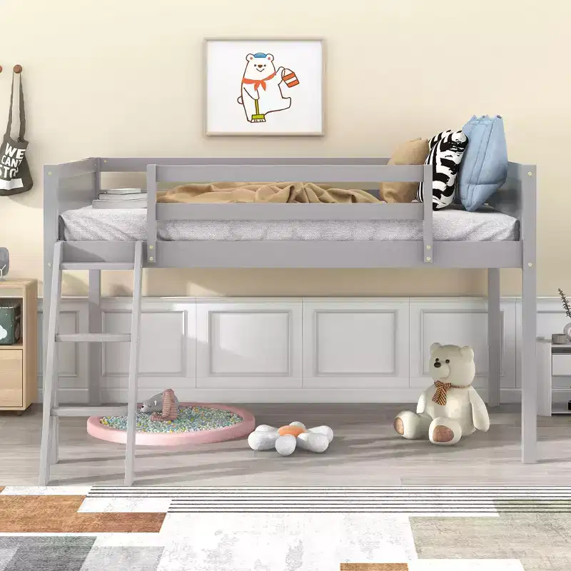 Twin/Full Size Wood Low Loft Bed with Ladder 4O - ModernLuxe