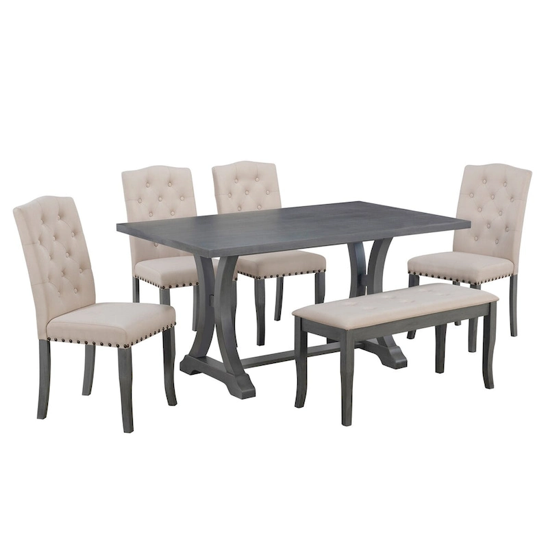 6-Piece Farmhouse Dining Table Set, Rectangular Trestle Table and 4 Upholstered Chairs & Bench