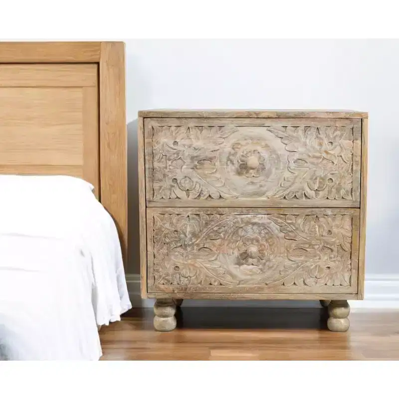 HomeRoots 24 Natural Two Drawer Distressed Carved Floral Solid Wood Nightstand