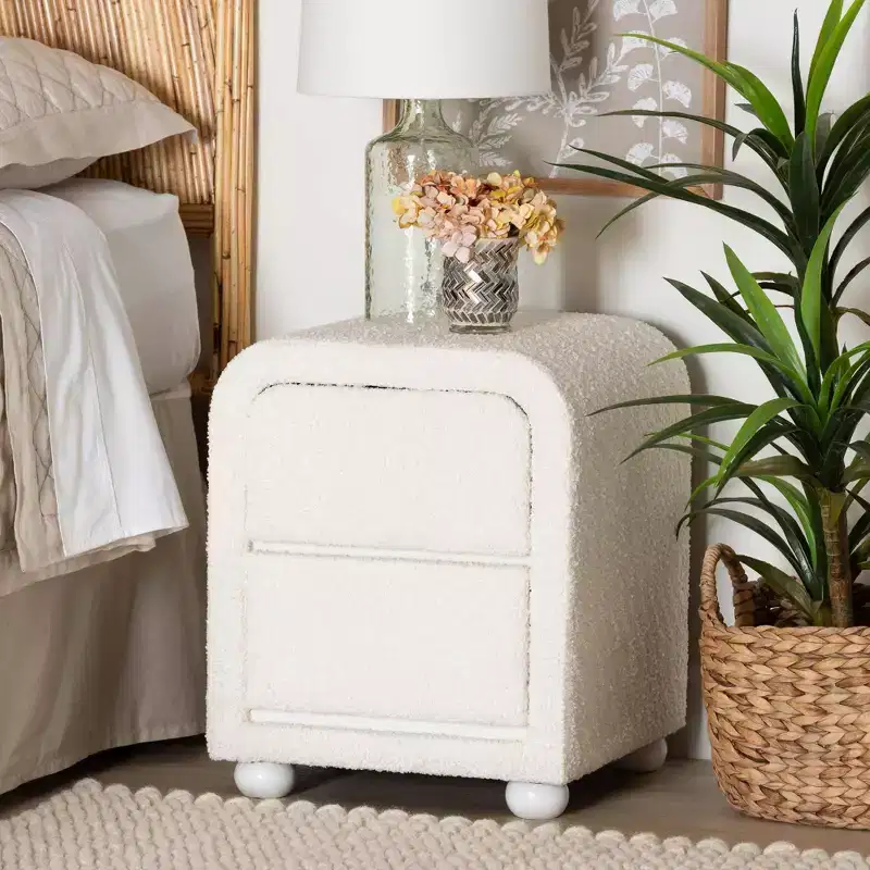Baxton Studio Bonilla Teddy Bear Fabric & Rubberwood 2 Drawer Nightstand White: Modern, Metal Glides, Smooth Finish