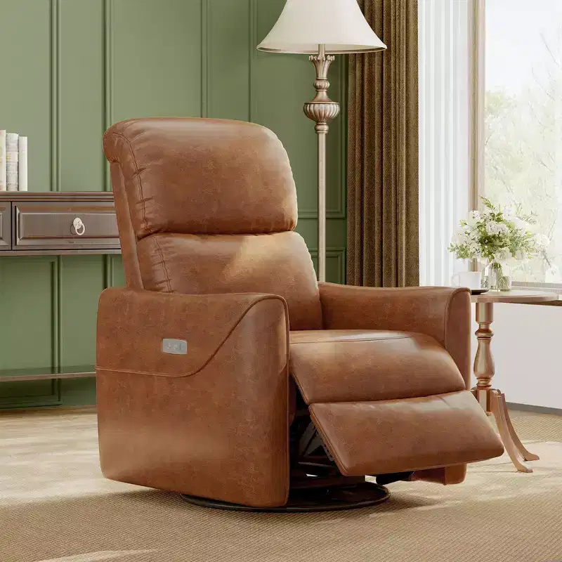 PU Leather Power Swivel Glider Recliner Nursery Rocker with Lumbar Support, USB Charging Port & Mid-Century Modern Design (Brown)