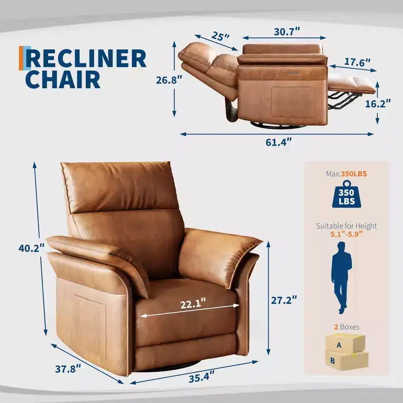 PU Leather Recliner Chair for Living Room - 270 Swivel Rocking Glider, Adjustable Recline, Double-Layer Armrests, Comfortable Single Large Sofa