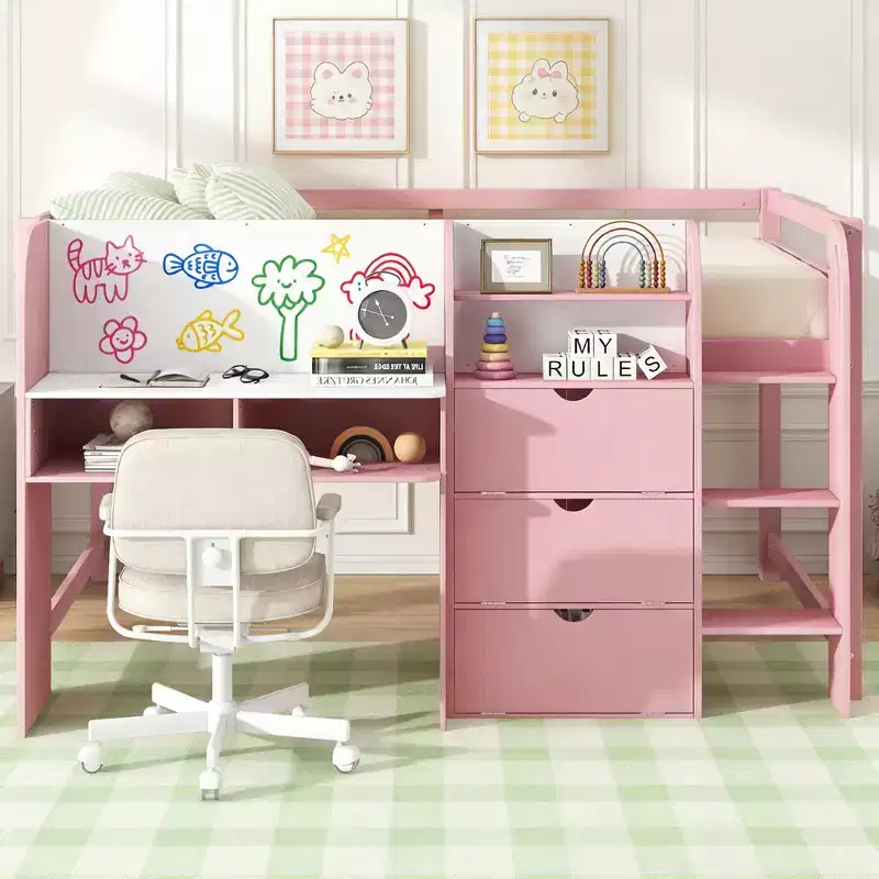 Pink/White Low Loft Bed with Desk, Storage & Whiteboard – Twin, 1-Person