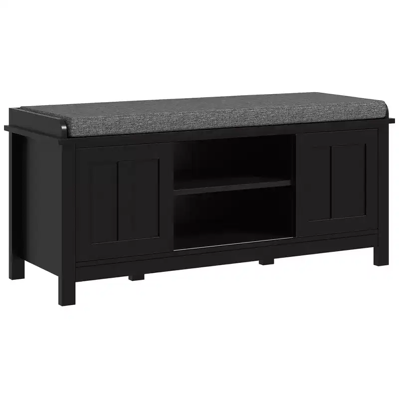 TUYOHW Entryway Shoe Bench Storage Ottoman with Sliding Doors, Adjustable Shelving with 6 Compartments and Padded Seat