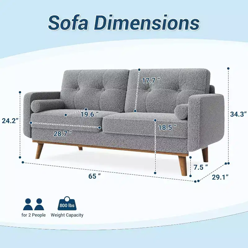 Acekool 65 Mid Century Modern Loveseat, Deep Seat Linen Sofa Couch for Living Room, Bedroom, Small Space, 2-Seater, Beige