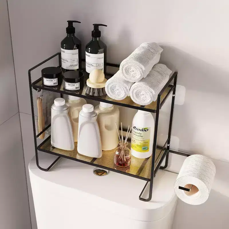 2-Tier Bathroom Counter Organizer, No Drilling Over Toilet Storage Shelf with Toilet Paper Holder and Hanging Hooks, Rustproof Meal Shower Organizer