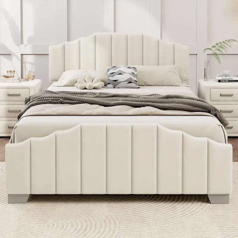 Full/Queen Velvet Platform Bed with Tufted Headboard & Footboard – Beige