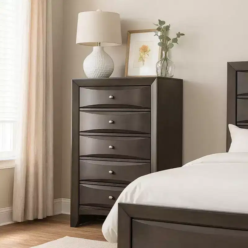 Tall Dresser Chest, 5 Drawers, Chrome Handles, Modern Dark Gray