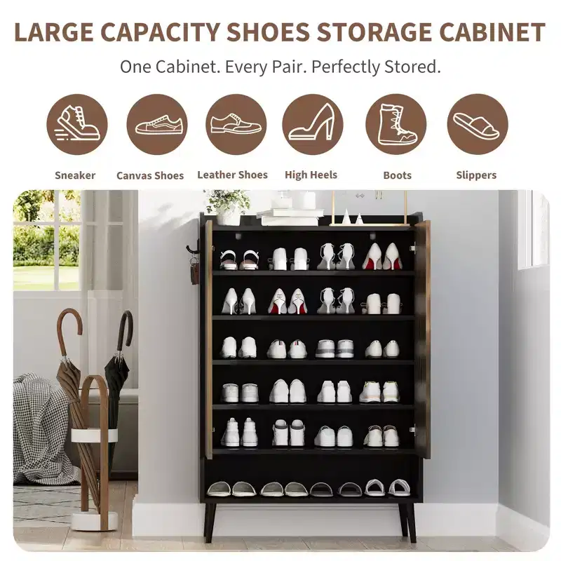 Shoe Cabinet, Shoe Storage Cabinet  6-Tier Large Organizer with Doors & Hooks, 2-Pack Brown Entryway Storage for Hallway, Living Room