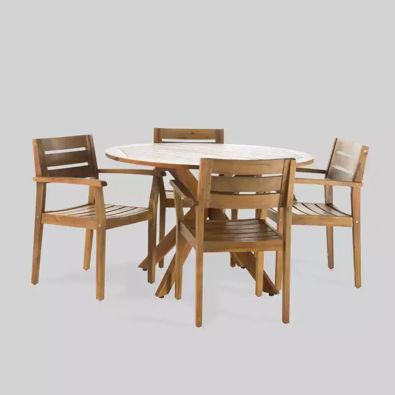 Stamford 5pc Acacia Wood Round Dining Set Teak: Weather-Resistant, 4 Chairs - Christopher Knight Home