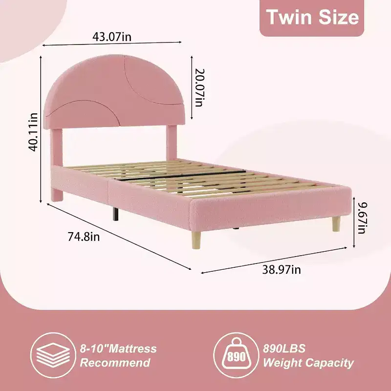 Twin Bed Frame with Upholstered Round Boucle Headboard, Arch-Shaped Design in Soft Pink and White, Modern Kids Bed with Wooden Slats