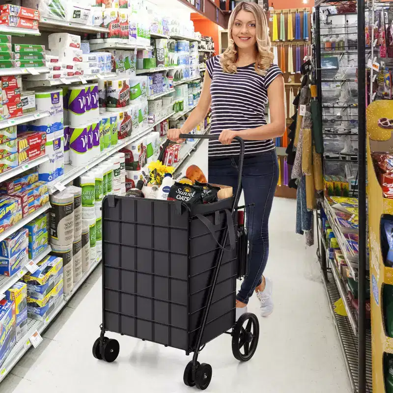 Collapsible Utility Shopping Cart with Dual Baskets and Water-Resistant Liner