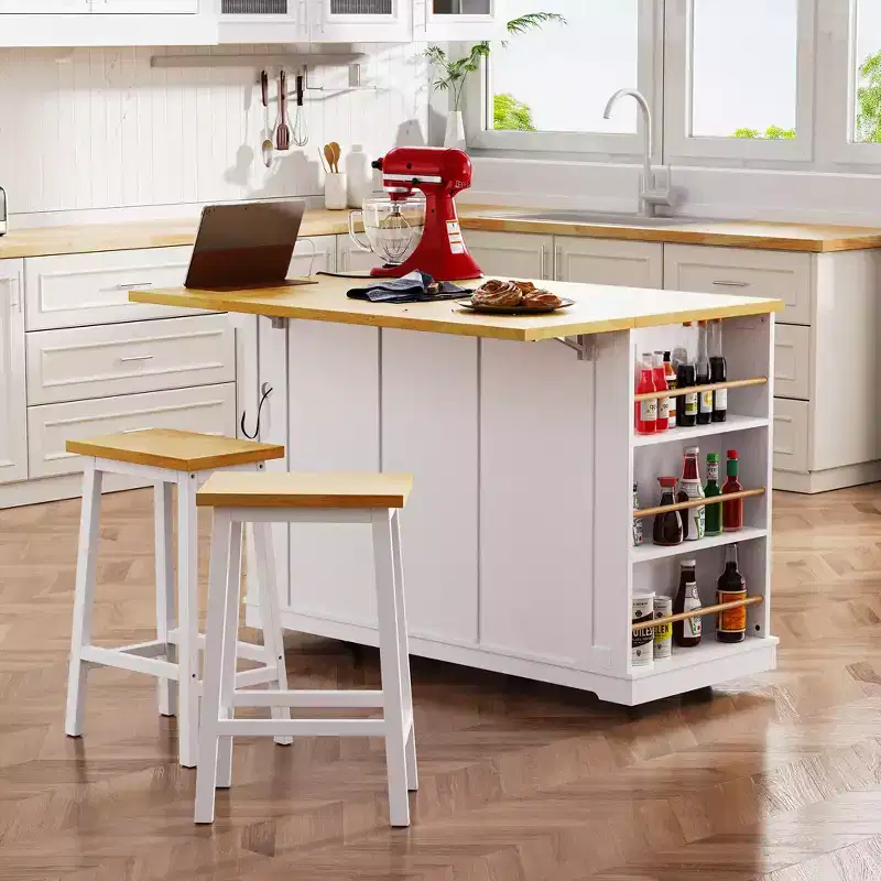 JVNOXK 5-Wheel 53-Inch Rolling Kitchen Island with Fold-Down Table Top, Power Outlet, Door Storage Shelf, and Side Shelf ,Suitable for Kitchens ,White