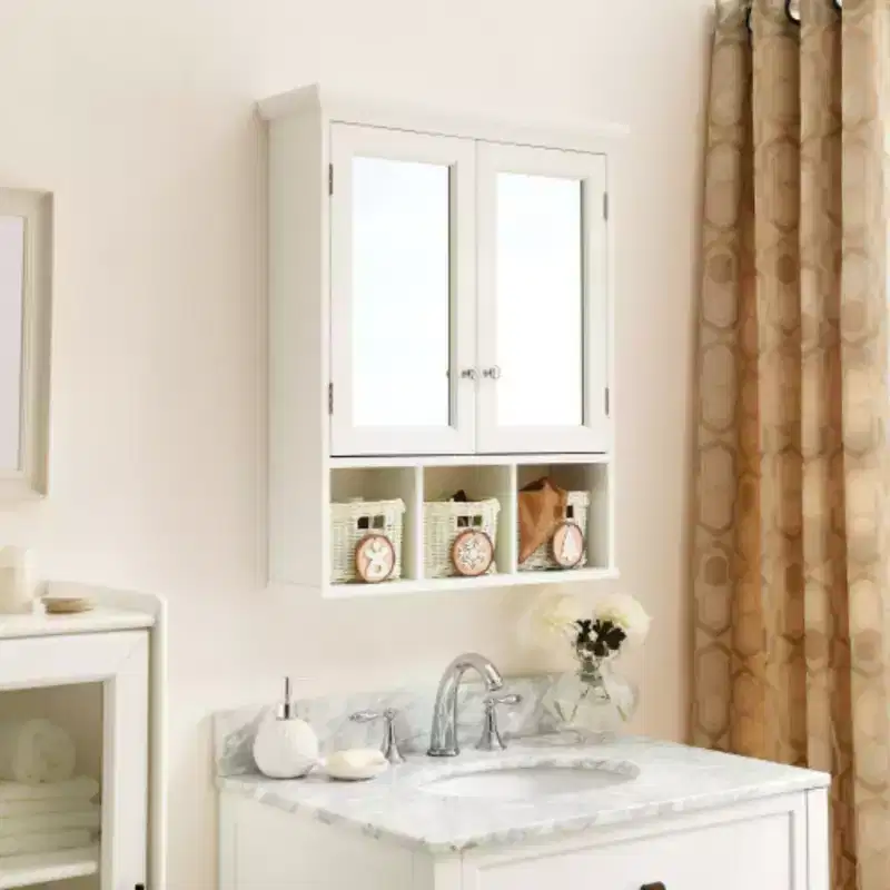 White Wall-Mounted Bathroom Cabinet with Mirror, 2 Doors, 2 Shelves, 3 Baskets