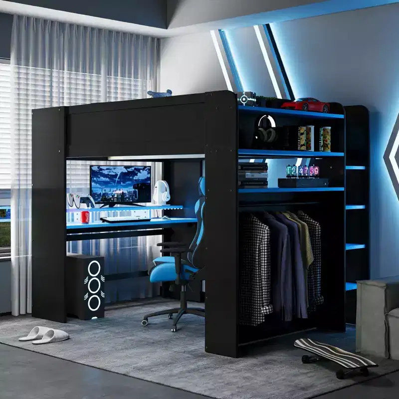 Luxystar Full Size Loft Bed With Lighted Adjustable Desk, Open Wardrobe and Bookcase
