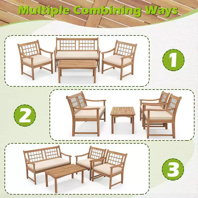 Costway 4 PCS Wood Patio Furniture Set with Soft Seat Cushions Solid Acacia Wood Frame Off White/Gray