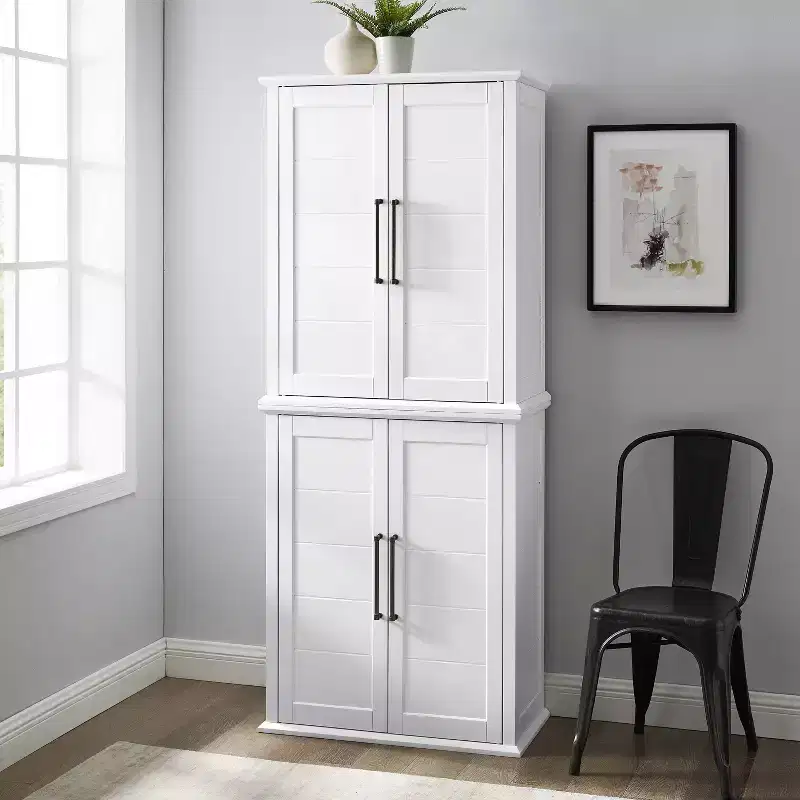 Bartlett Tall Storage Pantry with 2 Stackable Pantries White - Crosley: Modern Farmhouse Style, 4 Doors, 6 Shelves