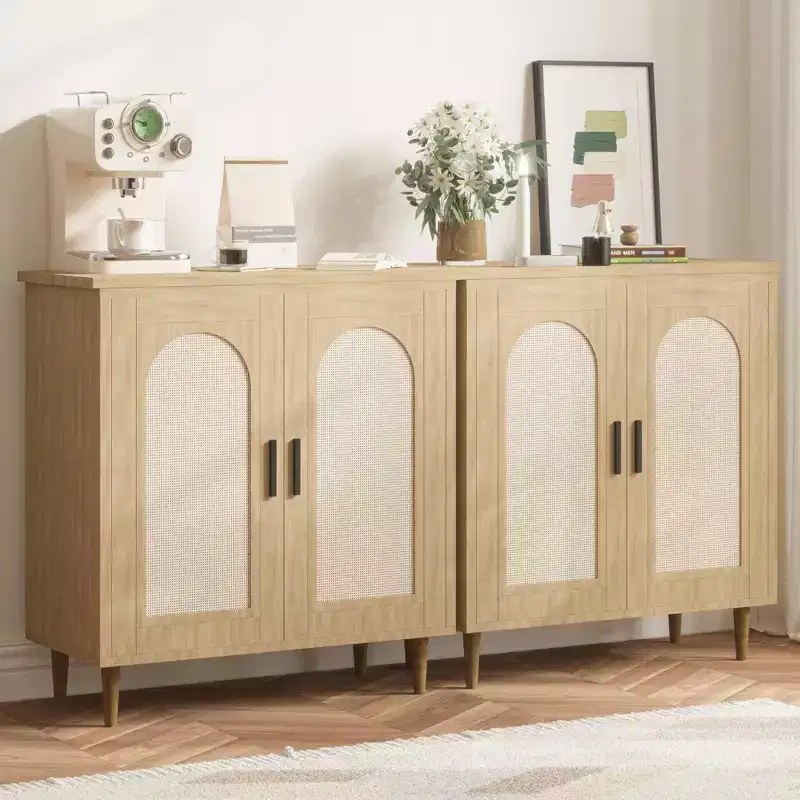 Rattan Buffet Cabinet with 2 Doors and Adjustable Shelves
