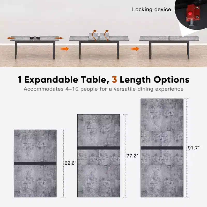 Heynemo Patio Expandable Table Dining Set for 4 to 10, Aluminum Outdoor Dining Table, Rectangular Patio Metal Table with Umbrella Hole, Grey