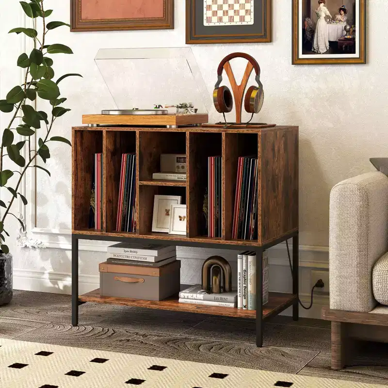 Costway Record Player Stand w/Charging Station Vinyl Storage Holder Shelves Metal Frame