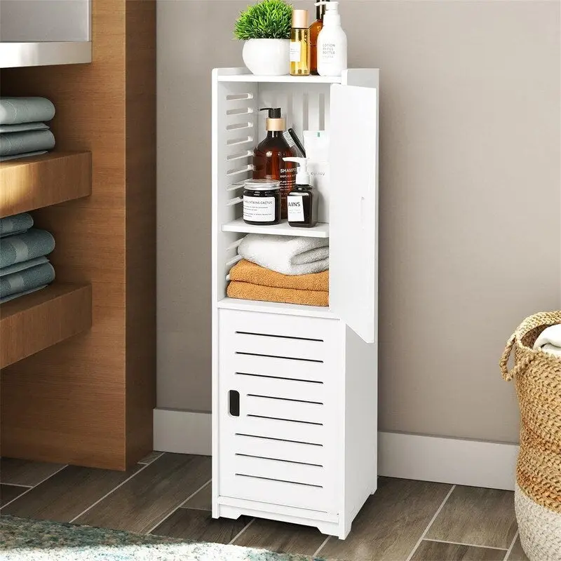 Freestanding Narrow Bathroom Storage Cabinet – White, Wood Finish, PVC, Waterproof