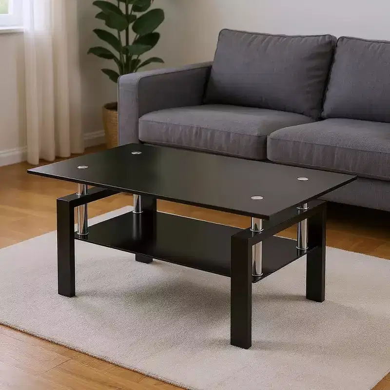 39 Black Glass and Steel Coffee Table With Shelf