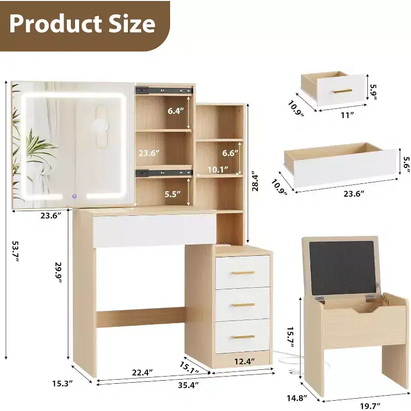 Vanity Desk with Mirror and Lights, Modern Makeup Vanity Table, Vanity Table and Chair Set with 4 Drawers and 7 Storage Shelves, Adjustable Brightness