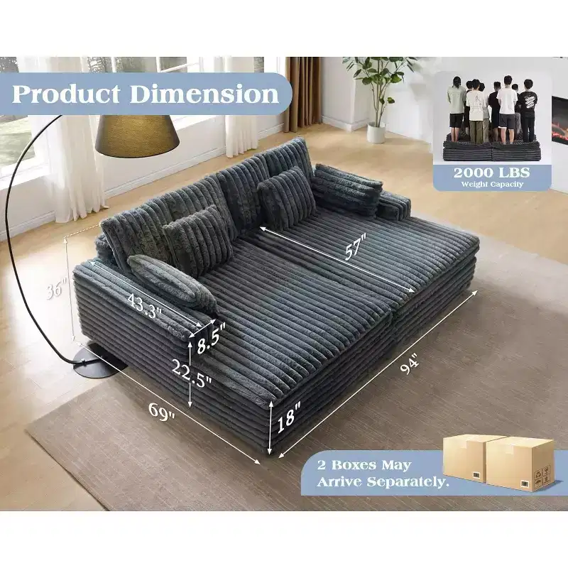 AMERLIFE 93 Double Chaise Lounge Sofa for Two, Deep Seat Cloud Couch with Lumbar Pillows & Wide Armrests, Easy Assembly, Faux Fur