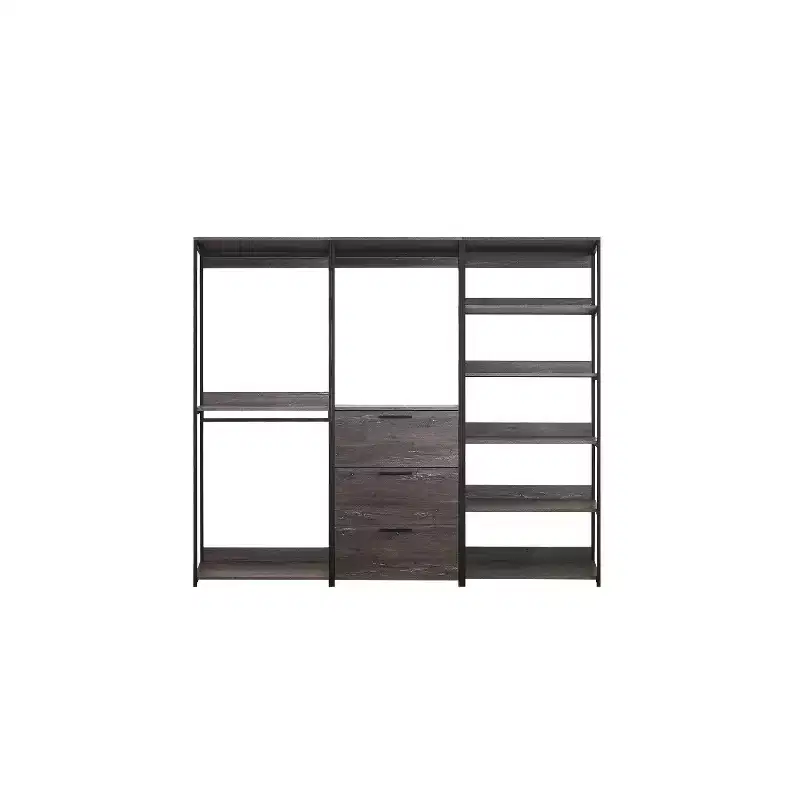 HomeStock 77.7 in.H x 96 in.W Black Wood Composite Closet System for Universal Storage with Storage Bins