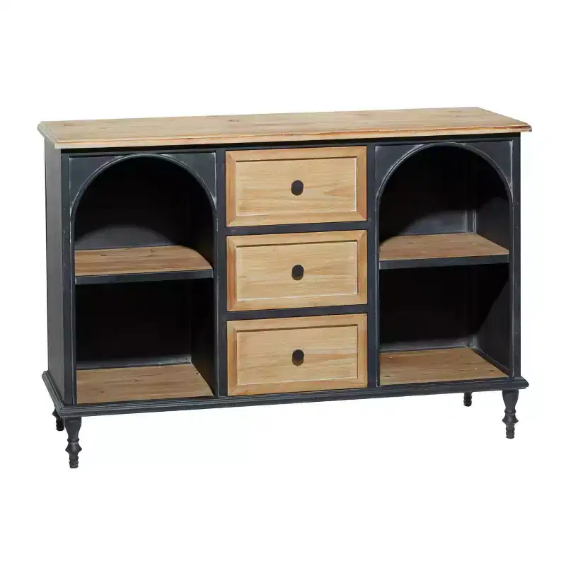 Farmhouse Wood and Metal Cabinet Black - Chic Storage, 3 Drawers, 4 Shelves, No Assembly Required