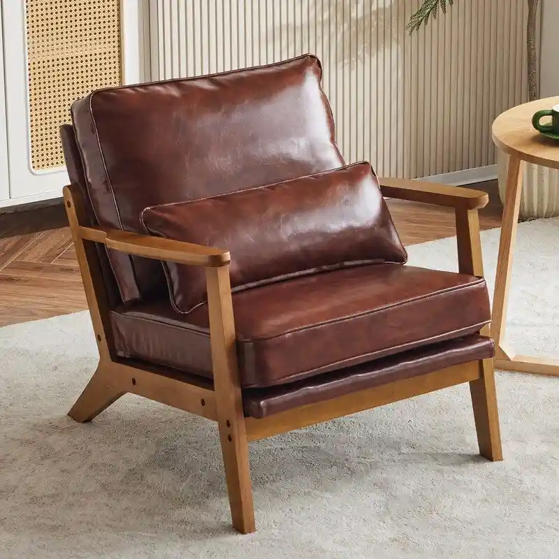 Upholstered Linen Blend Accent Chair with Wooden Legs and One Pillow Beige