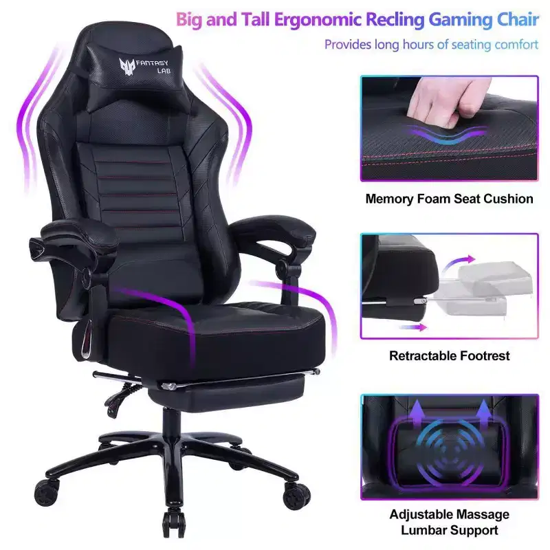 Okak High-Back Gaming Chair, Ergonomic Office Chair with Foldable Footrest, Height-Adjustable Comfy Chair for Study, Gaming Room