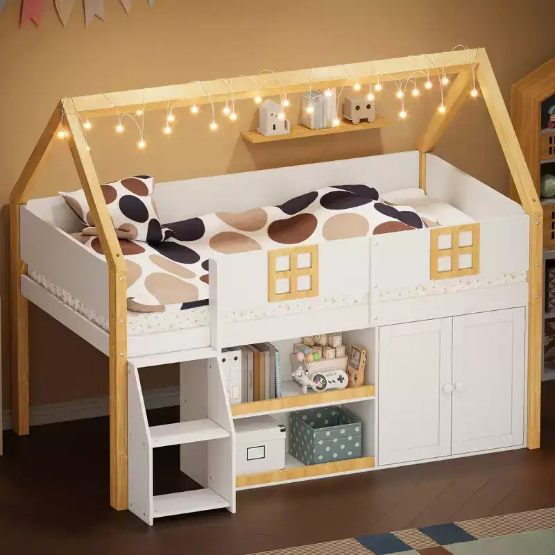 Twin/Full Size Low Loft Bed Kid Playful House Bed with Step Staircase, Shelves, Storage Cabinet & LED Light, White & Natural - ModernLuxe