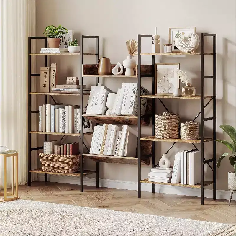 Industrial Bookcase,Triple Wide 4 Tiers Industrial Bookshelf w/Open Display Shelves, Open Record Player Shelves w/Metal Frame for Home Office