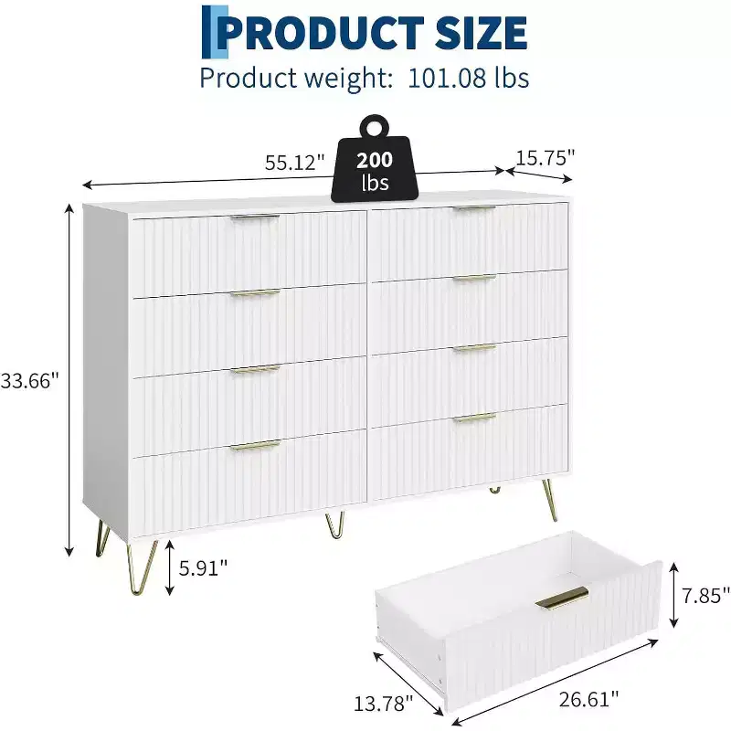 8-Drawer Fluted Wooden Dresser with Metal Handles