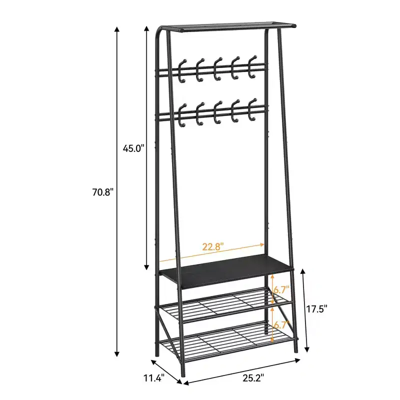 Coat Rack with Shoe Storage & 10 Hooks, Freestanding Coat Stand, Entryway Hall Tree with Storage, Metal Frame Clothes Rack