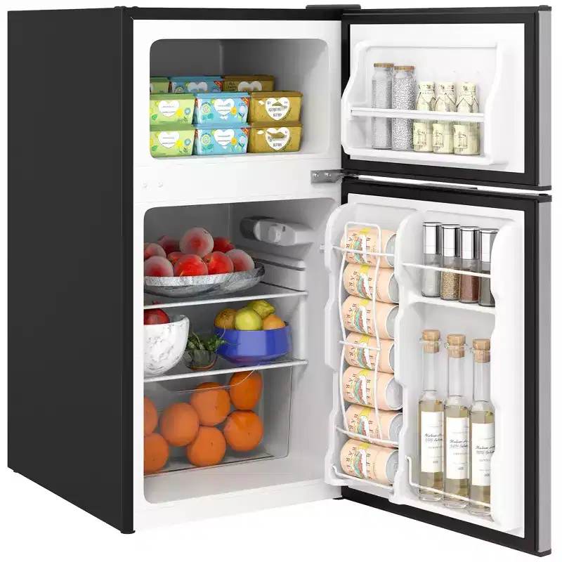 HOMCOM Double Door Mini Fridge with Freezer, 3.2 Cu.Ft Compact Refrigerator with Adjustable Shelf, Adjustable Thermostat and Reversible Door, Black