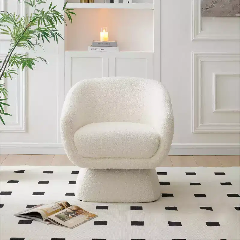 White Boucle Upholstered Accent Chair,Leisure Armchair with Enlarged Seat,Square Base,Solid Wood Frame,Reading Chair for Living Room,Bedroom