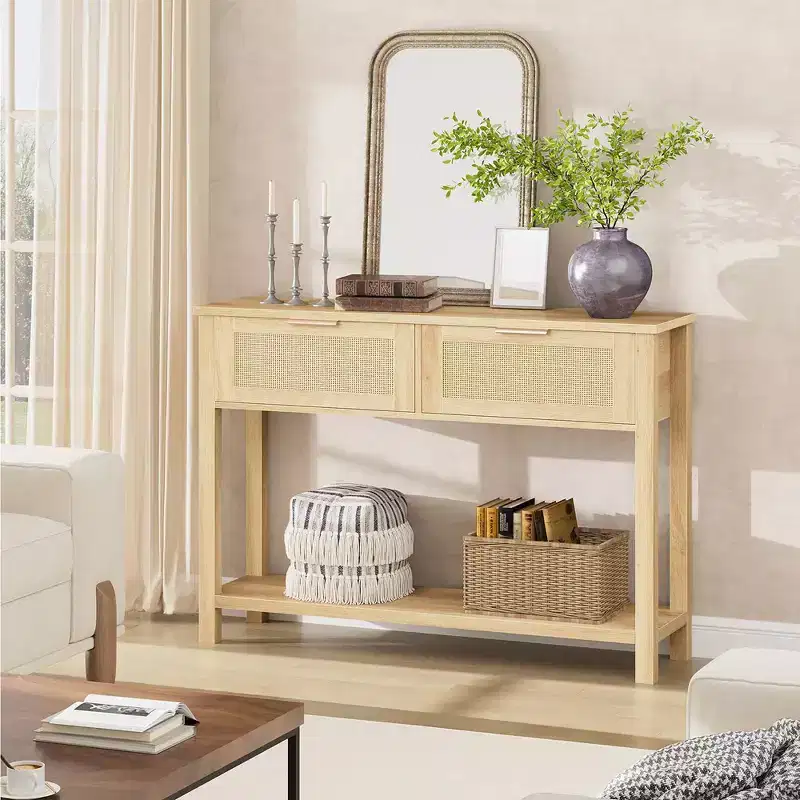 Entryway Table with 2 Drawers, Console Table for Entryway, Wooden Sofa Table with Storage, Boho Console Table for Living Room, Hallway Foyer Table