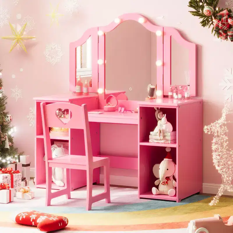 Princess Vanity Table & Chair Set for Girls with Tri-Folding Mirror, Touch Light Vanity Desk with Storage & High Back Chair - Gift for Girls