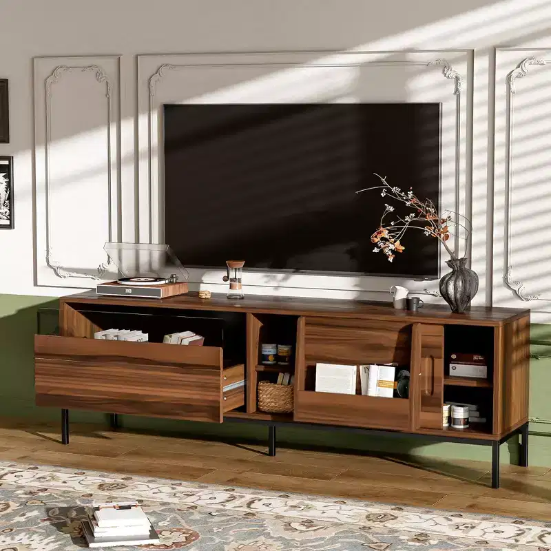 JVNOXK 70.8-inch Mid-Century Modern TV Console with storage space, sliding doors, adjustable shelves, and metal frame. Ideal for living rooms